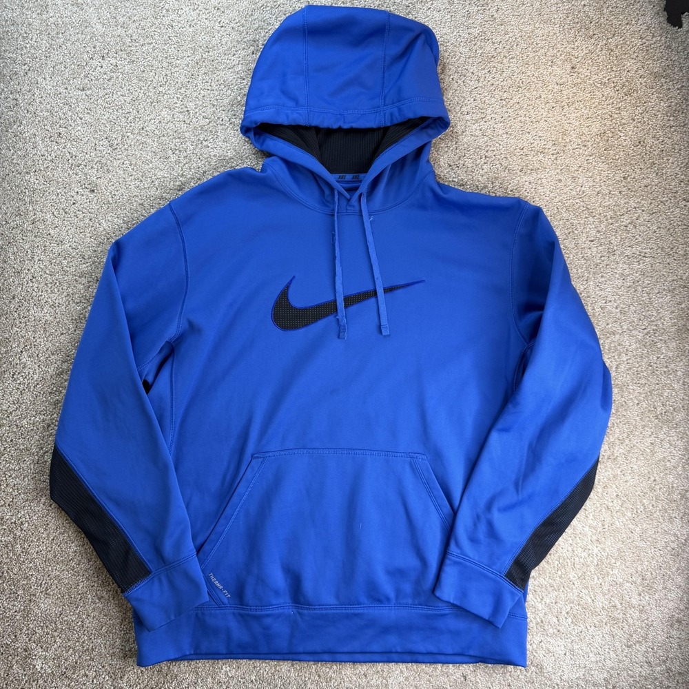 Nike Hoodie Mens XL Blue Therma Fit Fleece Pullover Swoosh Logo Sweatshirt